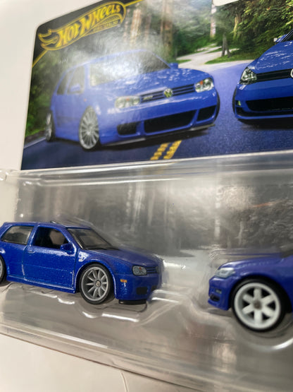 Hot Wheels 1/64 Premium Car Culture 2 Pack 2004 Volkwagen Golf R32 & Volkswagen Golf MK7 Blue - JHW49