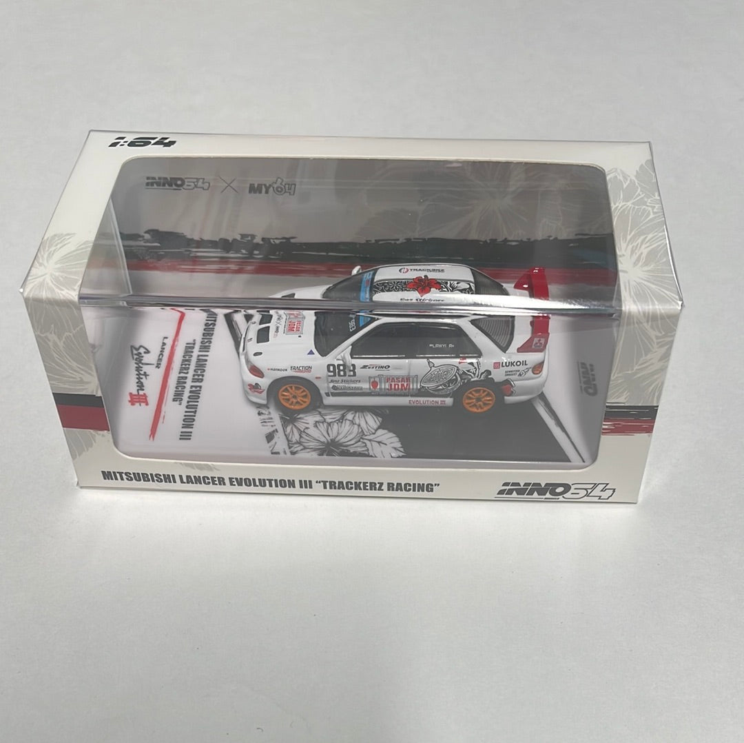 Inno64 1/64 Mitsubishi Lancer Evolution III Trackerz Racing #983 White & Black