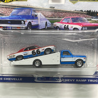 Hot Wheels 1/64 Car Culture Team Transport ‘66 Chevelle  & ‘72 Chevy Ramp Truck Blue & Red