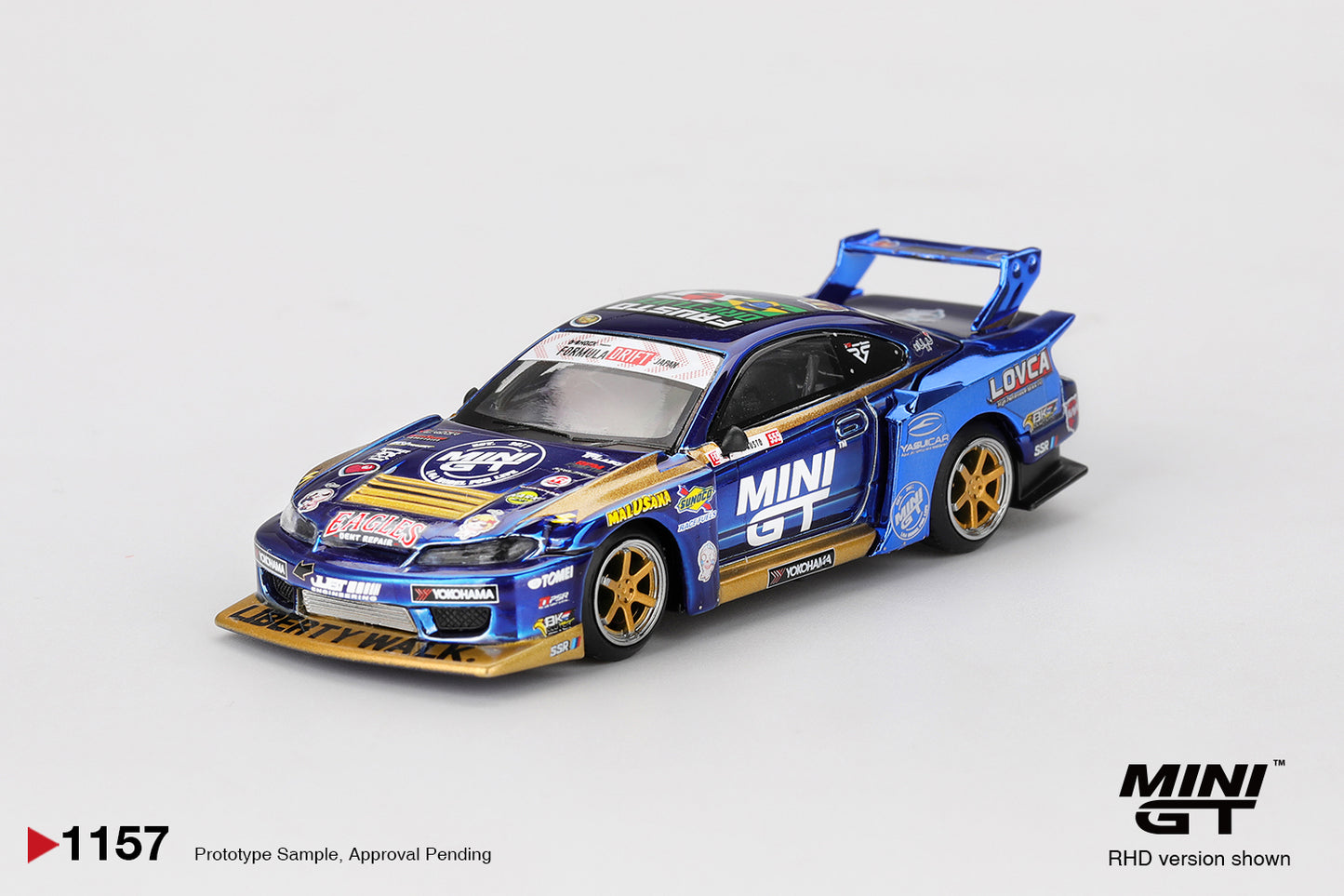 Mini GT 1/64 Nissan Silvia (S15) #555 LB-Super Silhouette Team MINI GT Liberty Walk 2025 Formula Drift Blue - MGT01157
