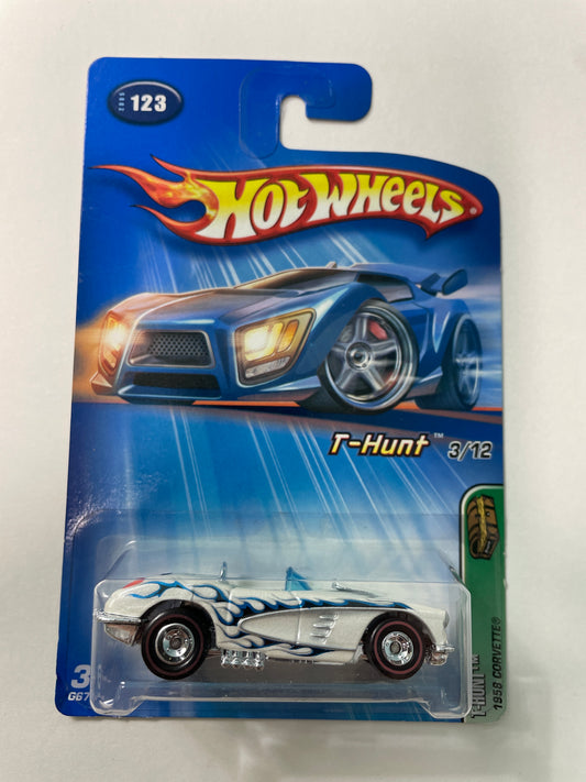 Hot Wheels 1/64 Treasure Hunt 1958 Corvette (Redline Tires) White & Blue - Damaged Card