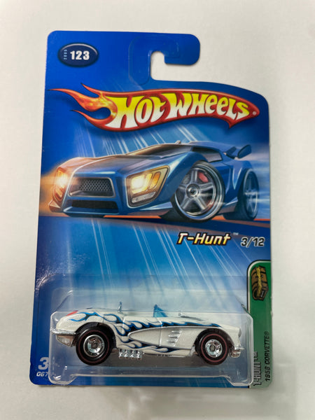 Hot Wheels 1/64 Treasure Hunt 1958 Corvette (Redline Tires) White & Blue - Damaged Card