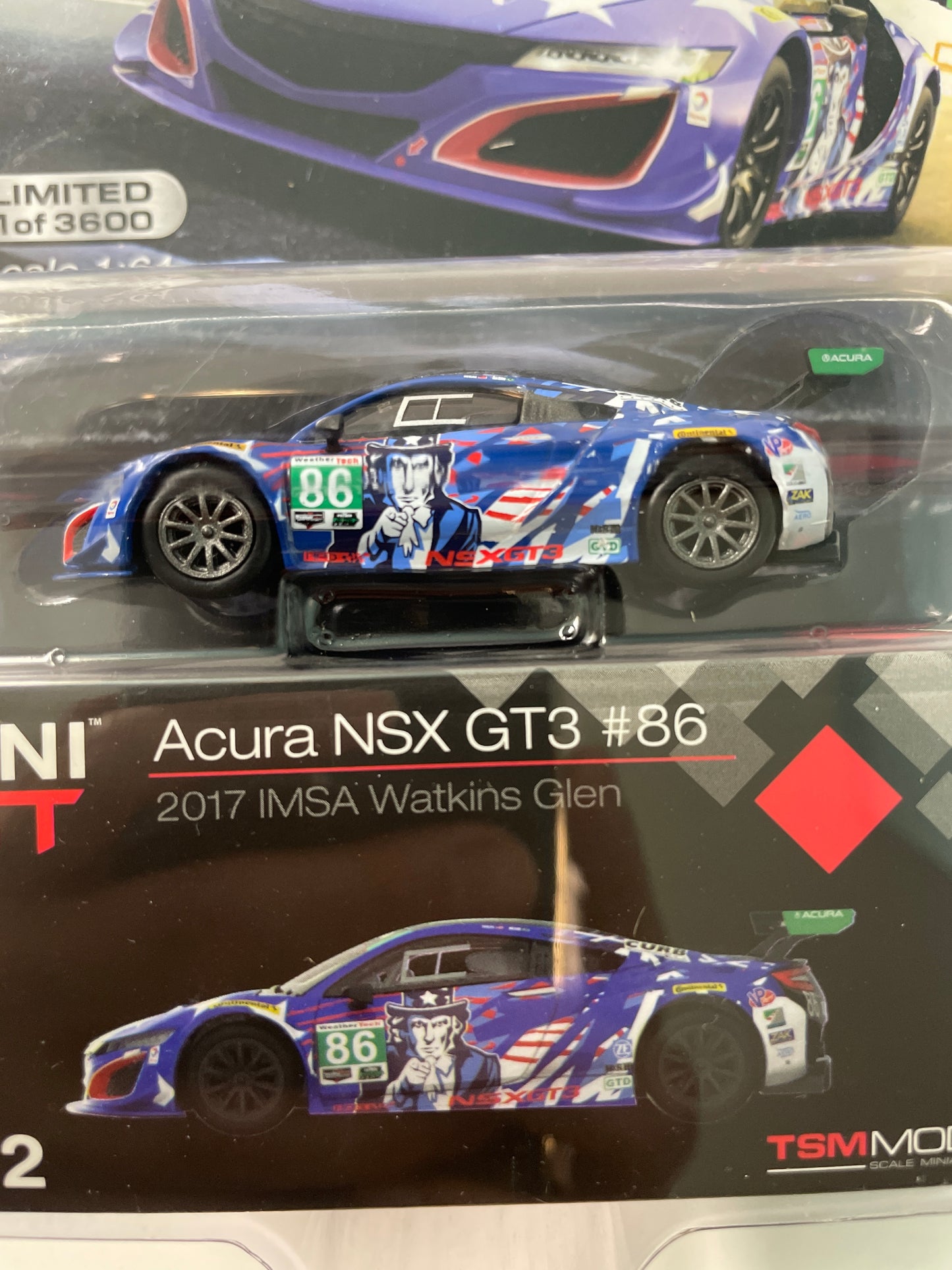 Mini GT 1/64 Mijo Exclusives USA Exclusive Acura NSX GT3 #86 2017 IMSA Watkins Glen Blue