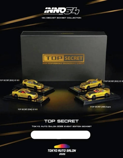 Inno64 1/64 2026 Tokyo Auto Salon Top Secret Box Set 4-Car Collection Nissan R32/R33/R34 GT-R & Toyota Supra A80