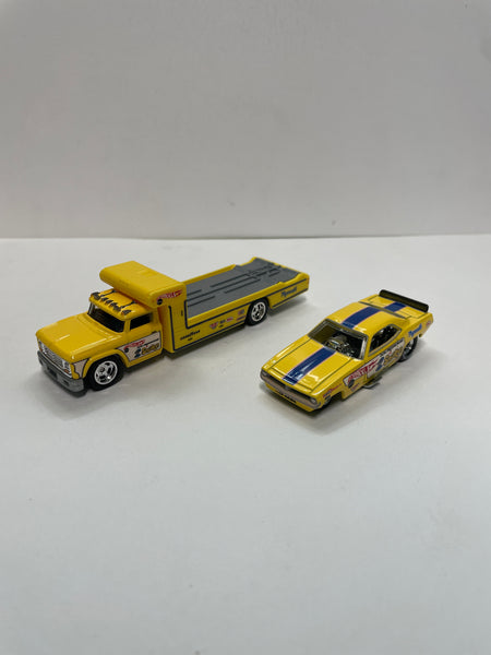 *Loose* Hot Wheels 1/64 Premium Car Culture Team Transport Snake ‘72 Plymouth Cuda Funny Car w/ Retro Rig Yellow