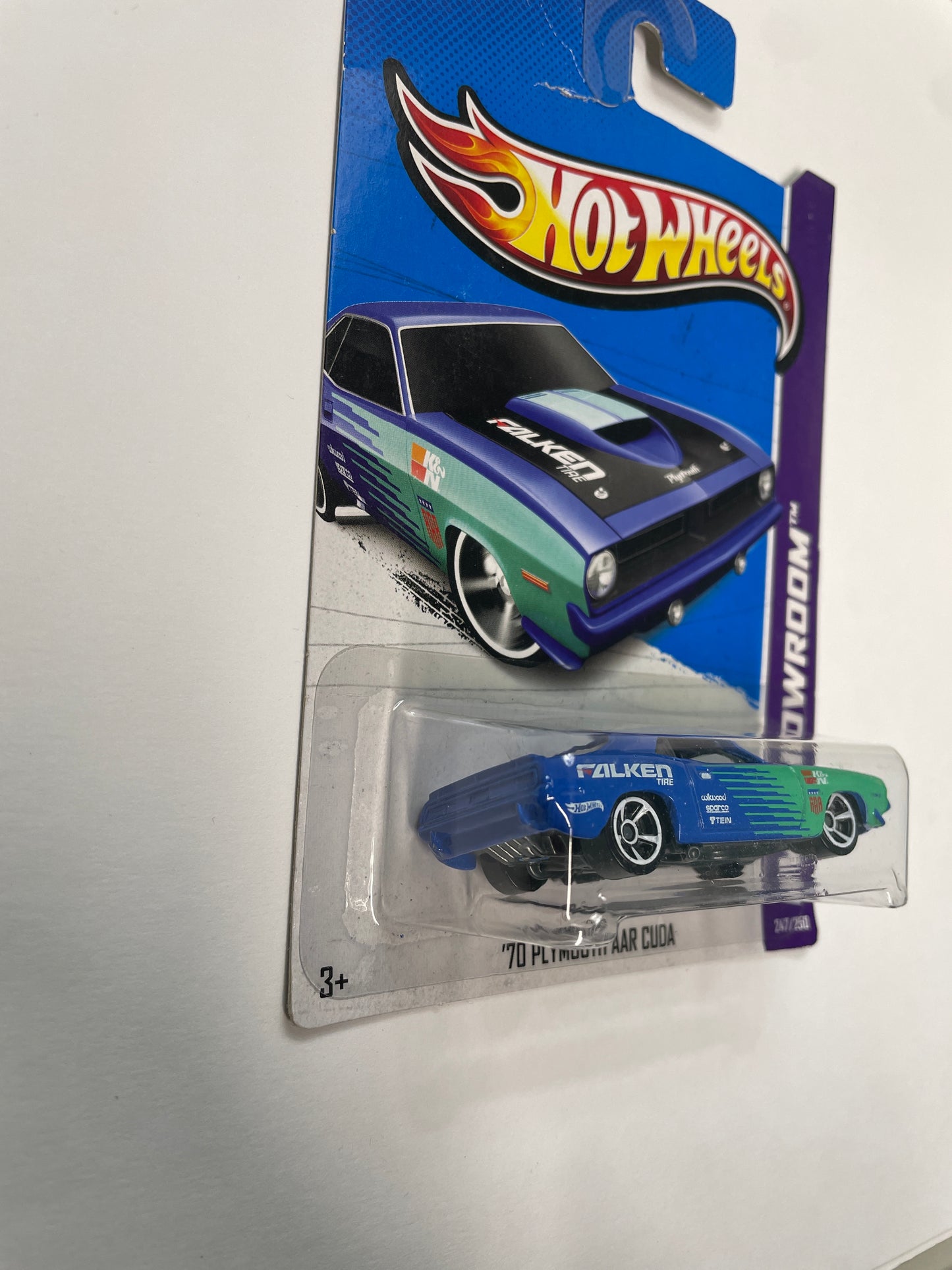 Hot Wheels 1/64 ‘70 Plymouth AAR Cuda Falken Blue & Green - Damaged Box