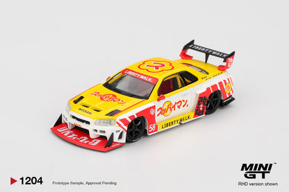 Mini GT 1/64 Nissan LB-ER34 Super Silhouette SKYLINE Suppaiman Okinawa Yellow - MGT01204