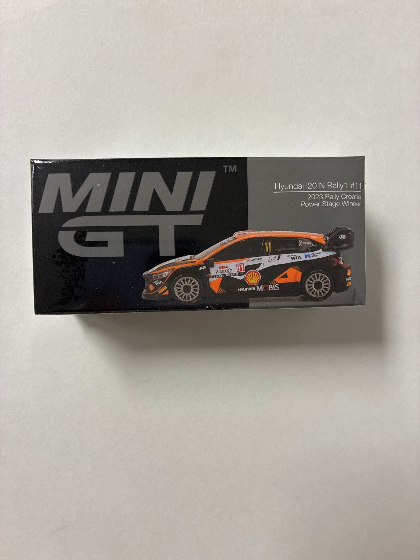 Mini GT 1/64 Hyundai i20 N Rally1 #11 2023 Rally Croatia  Power Stage Winner Black & Orange - MGT00972 - Damaged Box