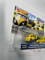 Hot Wheels 1/64 Car Culture Team Transport Volkswagen “Classic Bug” & Volkswagen Transporter T1 Pickup Mooneyes Yellow - Damaged Card