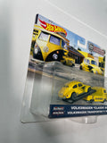 Hot Wheels 1/64 Car Culture Team Transport Volkswagen “Classic Bug” & Volkswagen Transporter T1 Pickup Mooneyes Yellow - Damaged Card