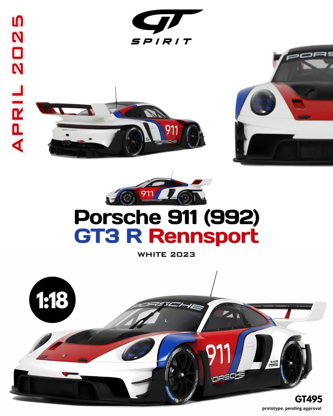 GT Spirit 1/18 2023 Porsche 911 (992) GT3 Rennsport White Resin Series - GT495