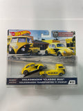 Hot Wheels 1/64 Car Culture Team Transport Volkswagen “Classic Bug” & Volkswagen Transporter T1 Pickup Mooneyes Yellow - Damaged Card