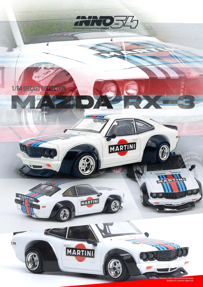 Inno64 1/64 Mazda Savanna RX-3 Martini Racing Livery White & Blue