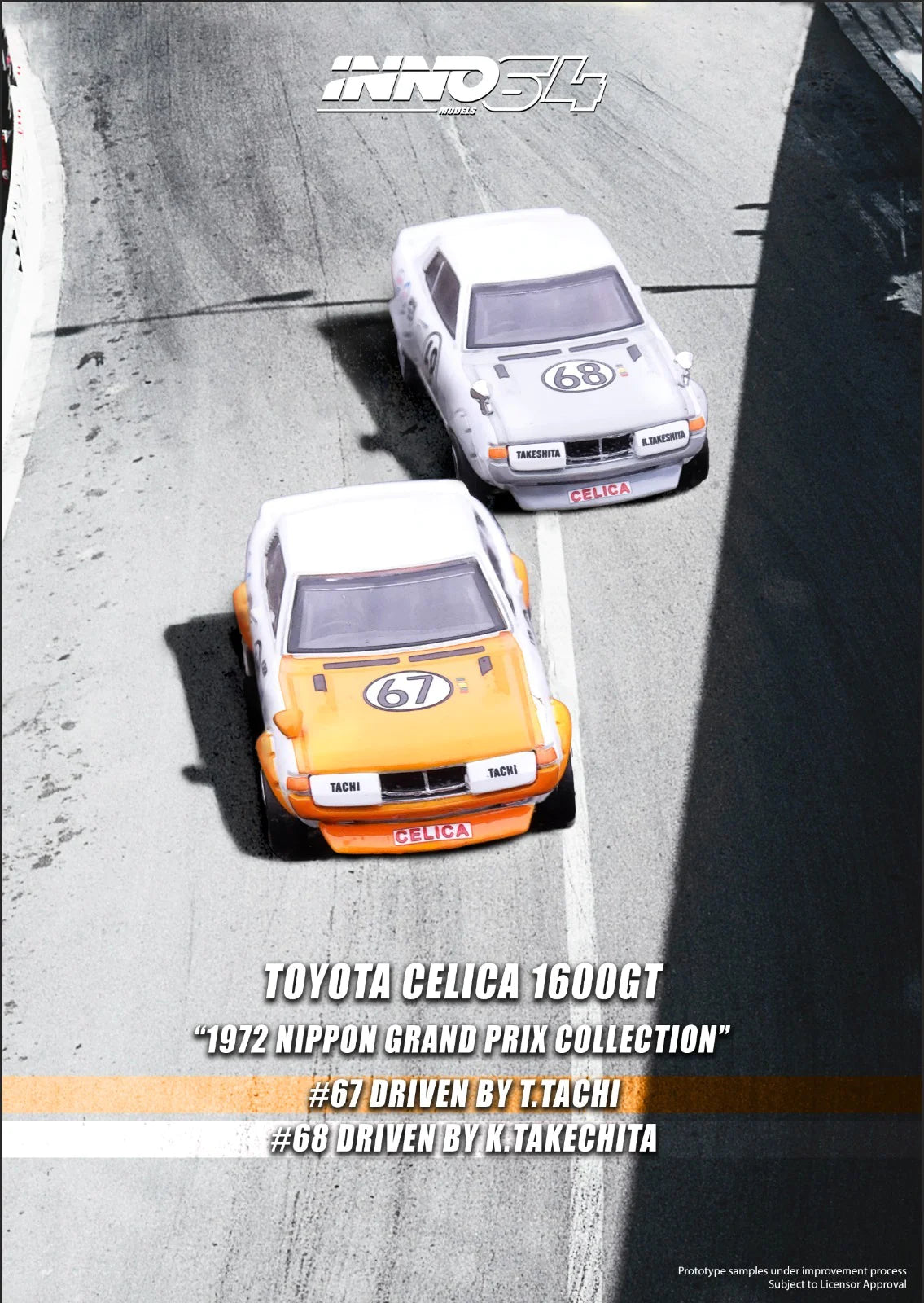 Inno64 1/64 Toyota Celica 1600GT (TA22) #67- #68 Nippon Grand Prix 1972 (2 Car Set)
