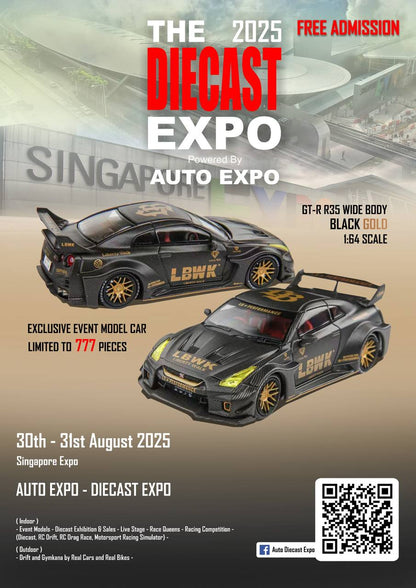 Demon King Auto 1/64 2025 Auto Expo Singapore Nissan GTR R35 LBWK RR Black & Gold