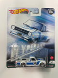 Hot Wheels 1/64 Car Culture Hyper Haulers ‘75 Datsun Sunny Truck (B120) White & Blue - Damaged Card