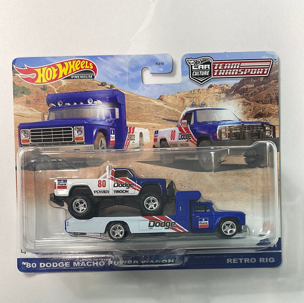 Hot Wheels 1/64 Car Culture Team Transport ‘80 Dodge Macho Power Wagon w/ Retro Rig Blue & White - Damaged Card