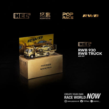 Pop Race 1/64 RWB 930 & Pandem Fuso-300 Flatbed Transporter Gold - S-SET4
