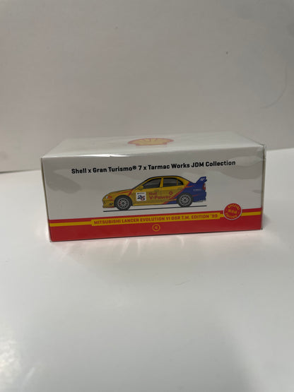 Tarmac Works 1/64 Mitsubishi Lancer Evolution VI GSR T.M. EDITION 1999 Shell – Gran Turismo 7 – JDM Collection Yellow & Blue - T64-021-SS22