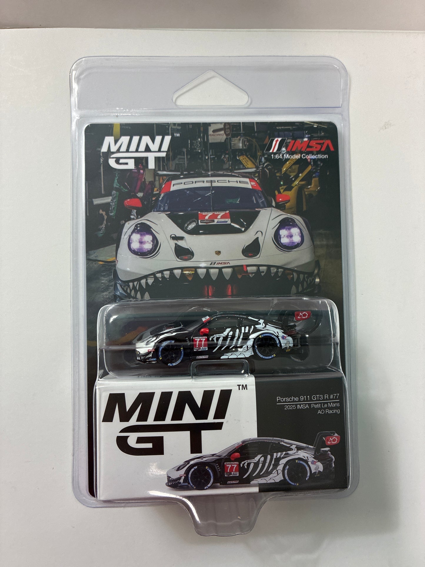 Mini GT 1/64 Porsche 911 GT3 R #77 2025 IMSA Petit Le Mans AO Racing Black & White - MGT01143-BL