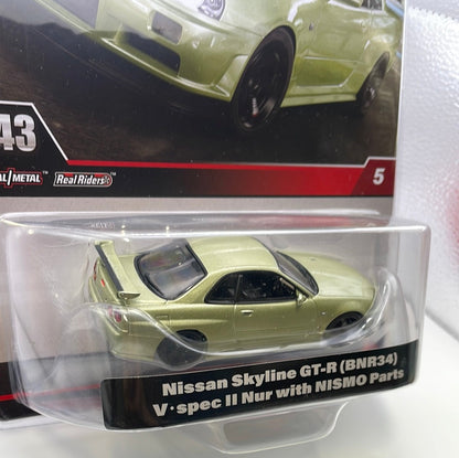 1/43 Hot Wheels Nissan Skyline GT-R ( BNR34) V.Spec II Nur w/ Nismo Parts Green - Damaged Box