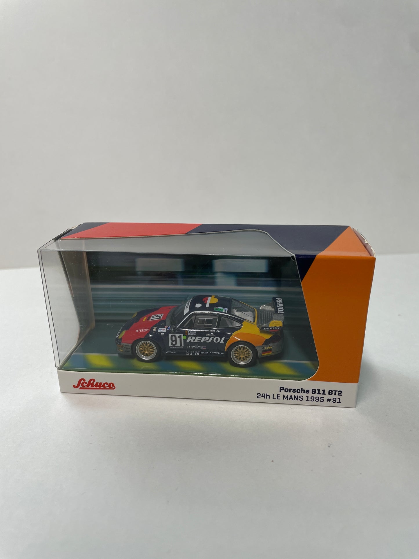 *Chase* Tarmac Works x Schuco 1/64 Porsche 911 GT2 24h LE MANS 1995 #91 - COLLAB64 Blue - T64S-004-REP - Damaged Box