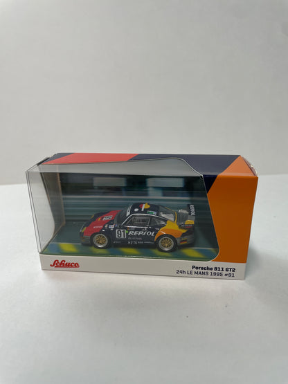 *Chase* Tarmac Works x Schuco 1/64 Porsche 911 GT2 24h LE MANS 1995 #91 - COLLAB64 Blue - T64S-004-REP - Damaged Box