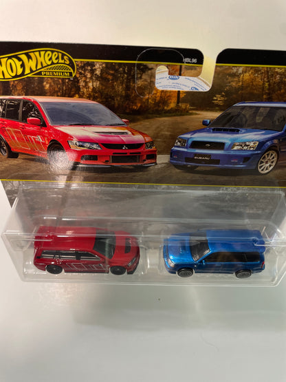 Hot Wheels 1/64 Premium Car Culture 2 Pack 2005 Mitsubishi Lancer Evolution IX Wagon/ Remorque Red & 2004 Subaru Forester STI Blue - JHW46