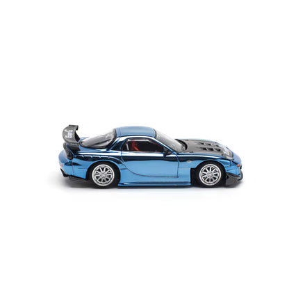 Pop Race 1/64 Mazda RX7 RE-Amemiya  Widebody Blue Chrome - PR64-0223