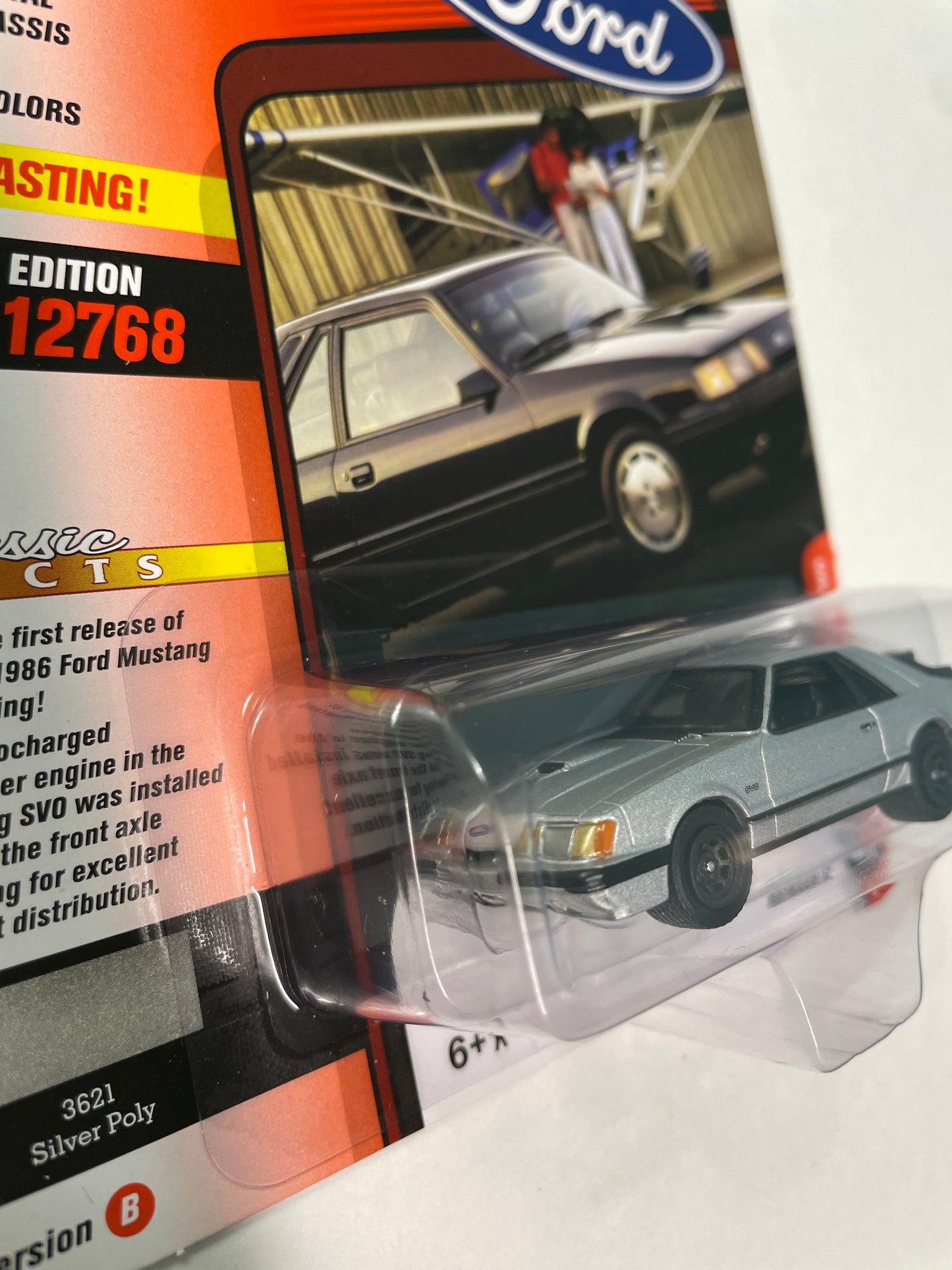 Johnny Lightning 1/64 1986 Ford Mustang SVO Classic Gold Collection Version B Silver - Damaged Card