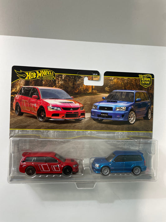 Hot Wheels 1/64 Premium Car Culture 2 Pack 2005 Mitsubishi Lancer Evolution IX Wagon/ Remorque Red & 2004 Subaru Forester STI Blue - JHW46