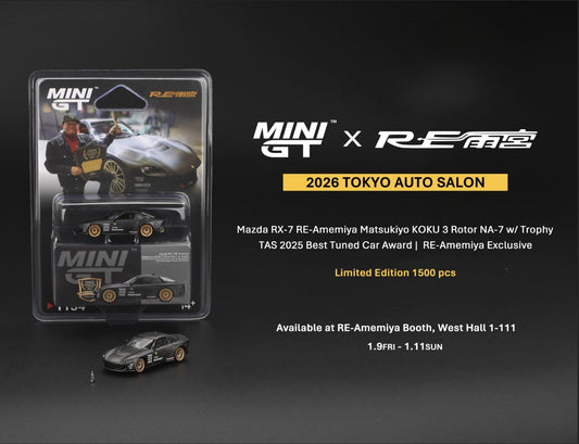 Mini GT 1/64 Tokyo Auto Salon 2026 Mazda Rx-7 RE-Amemiya Matsukiyo Koku 3 Rotor NA-7 w/ Trophy TAS 2025 Best Tuned Car Award Black - MGT01154-BL