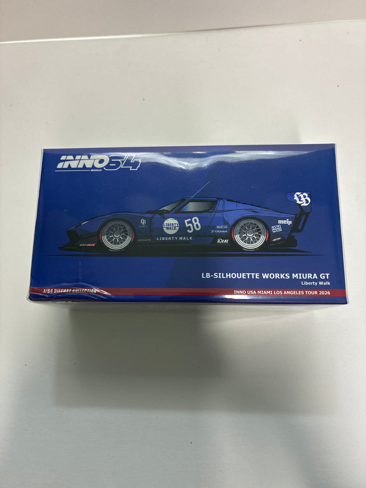 Inno64 1/64 USA Miami Los Angeles Tour 2026 LB-Silhouette Works Lamborghini Miura GT Blue - IN64-LBMIURA-03-USAT26 - Damaged Box