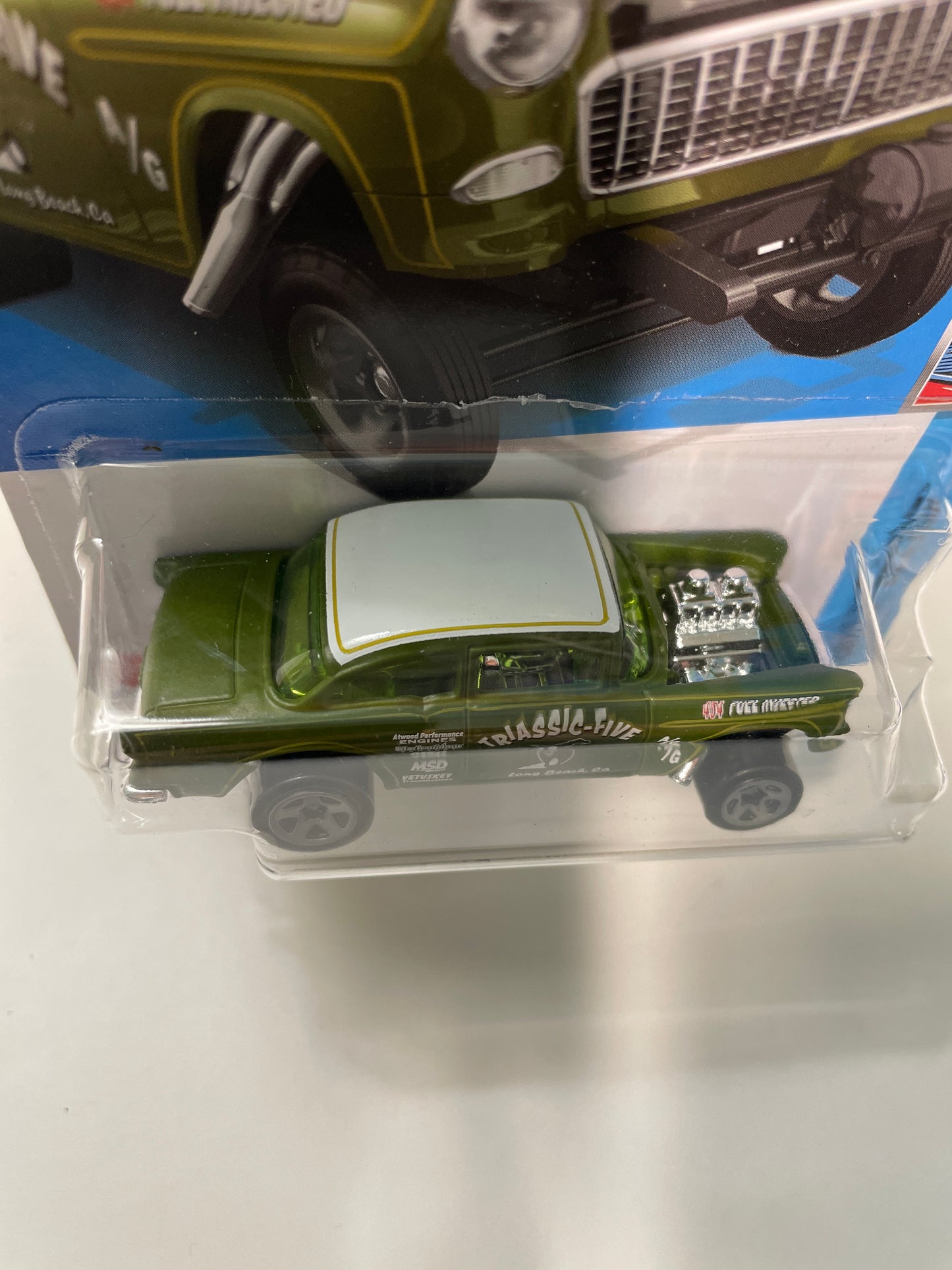 Hot Wheels 1/64 ‘55 Chevy Bel Air Gasser Triassic-Five green - Damaged Box