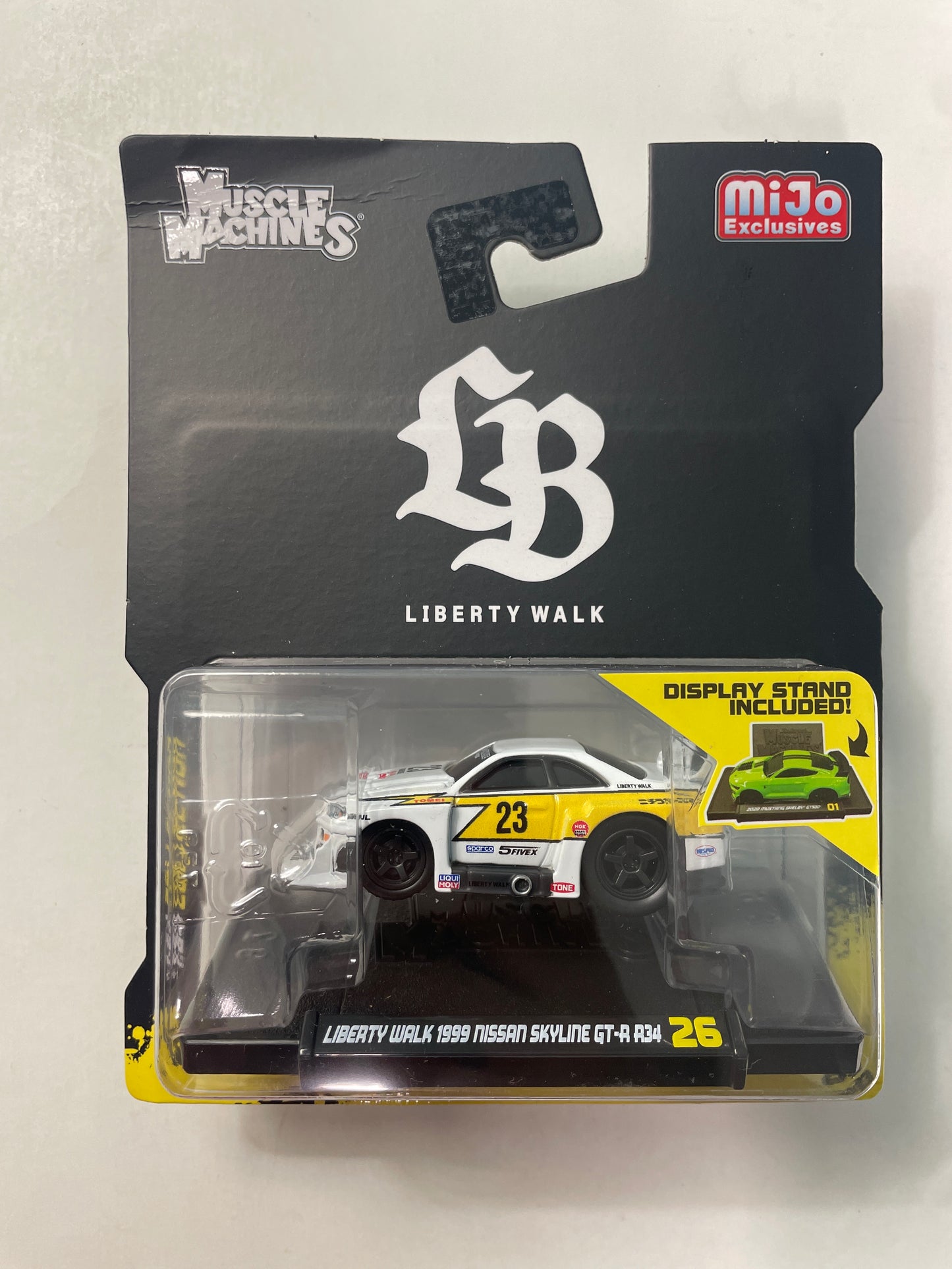 Maisto Muscle Machines 1/64 Liberty Walk 1999 Nissan Skyline GT-R R34 #23 White & Yellow - Damaged Card
