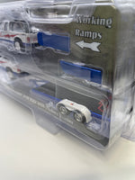 Greenlight 1/64 Racing Hitch & Tow 2023 Chevrolet Silverado 1500 & 1989 Chevrolet S-10 Baja w/ Flatbed Trailer White & Blue