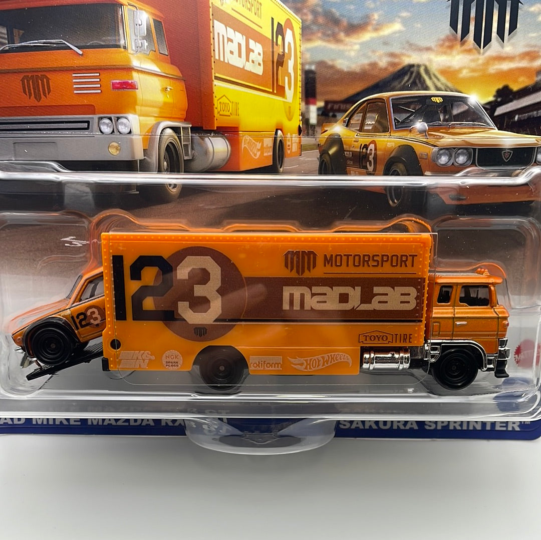 Hot Wheels 1/64 Car Culture Team Transport Mad Mike Mazda RX3 GT w/ Sakura Sprinter Orange
