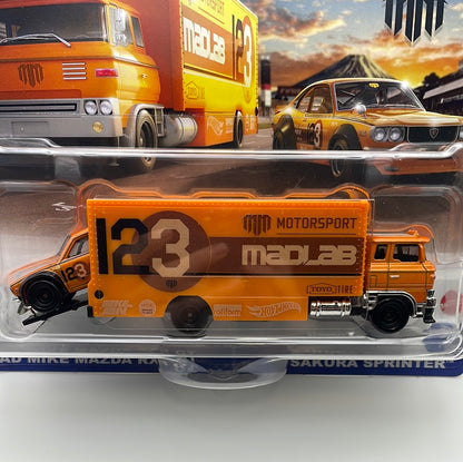 Hot Wheels 1/64 Car Culture Team Transport Mad Mike Mazda RX3 GT w/ Sakura Sprinter Orange