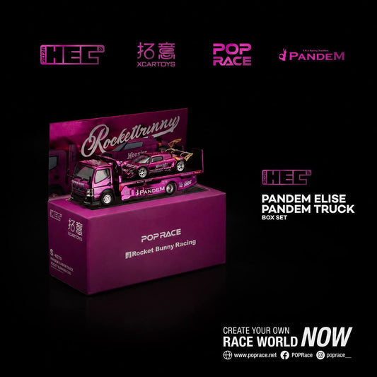 Pop Race 1/64 Rocket Bunny Racing Pandem Lotus Elise & Pandem Fuso-300 Flatbed Transporter Pink - S-Set3
