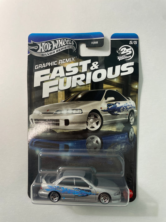 Hot Wheels 1/64 Silver Series Graphic Remix Fast & Furious Custom/ Personnalise Acura Integra Sedan GSR Silver - JBY45 - Damaged Box
