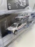 Greenlight 1/64 Racing Hitch & Tow 2023 Chevrolet Silverado 1500 & 1989 Chevrolet S-10 Baja w/ Flatbed Trailer White & Blue