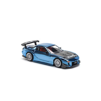 Pop Race 1/64 Mazda RX7 RE-Amemiya  Widebody Blue Chrome - PR64-0223