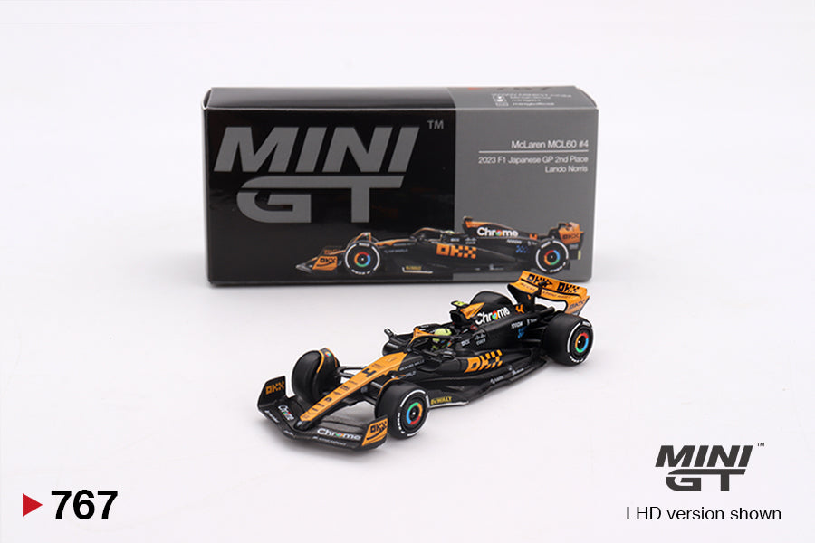 Mini GT 1/64 McLaren MCL60 #4 2023 F1 2023 Japanese GP 2nd Place Lando Norris Black & Orange