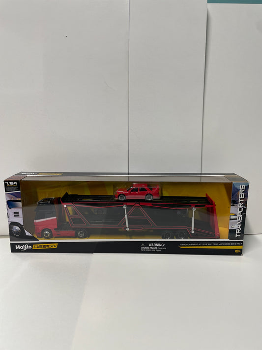 Maisto 1/64 Transporters Mercedes-Benz Actros 1851/ 1990 Mercedes-Benz 190 E Red & Black