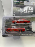 Greenlight 1/64 Racing Hitch & Tow 1966 Dodge D-100 & 1969 Dodge Charger "Super Charger" w/ Enclosed Car Hauler Red & White