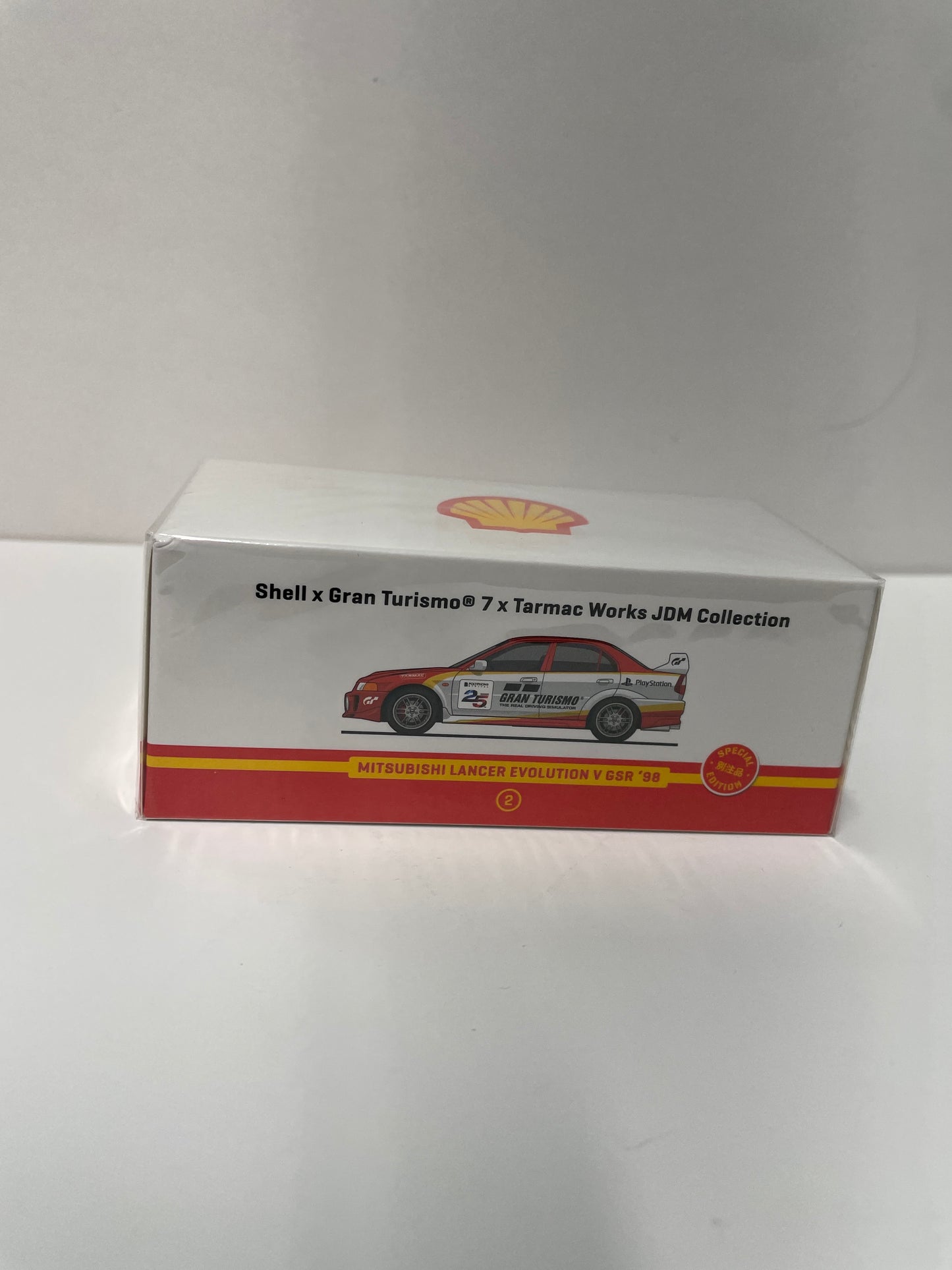 Tarmac Works 1/64 Mitsubishi Lancer Evolution V GSR 1998 – Shell – Gran Turismo 7 – JDM Collection Red & White - T64-012-SS22