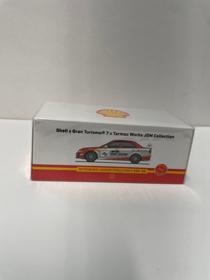 Tarmac Works 1/64 Mitsubishi Lancer Evolution V GSR 1998 – Shell – Gran Turismo 7 – JDM Collection Red & White - T64-012-SS22