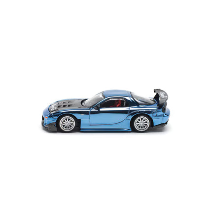 Pop Race 1/64 Mazda RX7 RE-Amemiya  Widebody Blue Chrome - PR64-0223