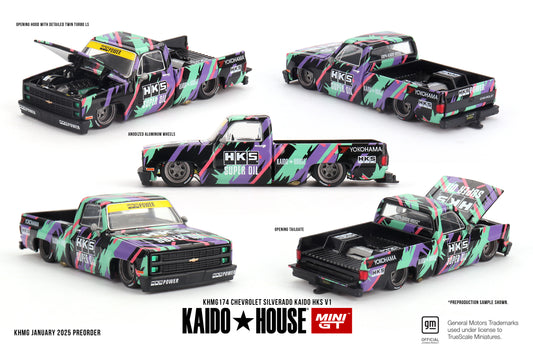 Mini GT x Kaido House 1/64 Chevrolet Silverado KAIDO HKS V1 Black & Green - KHMG174