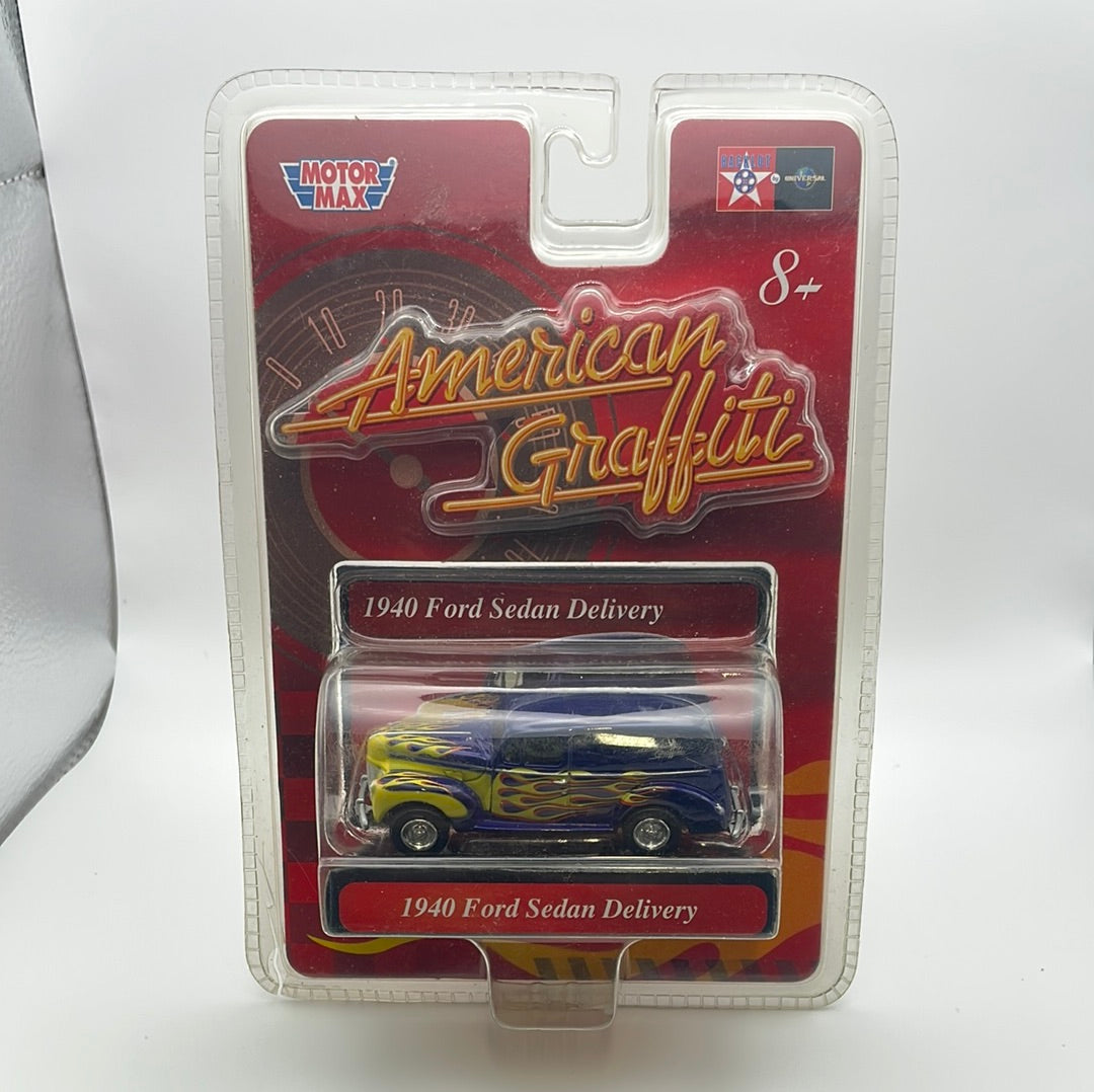 Motor Max 1/64 American Graffiti 1940 Ford Sedan Delivery Blue & Yellow - Damaged Card